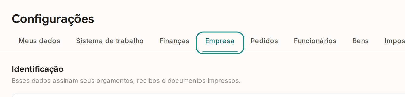 Tela do Calcularte com o elemento deste passo em destaque, em /configuracoes?aba=empresa