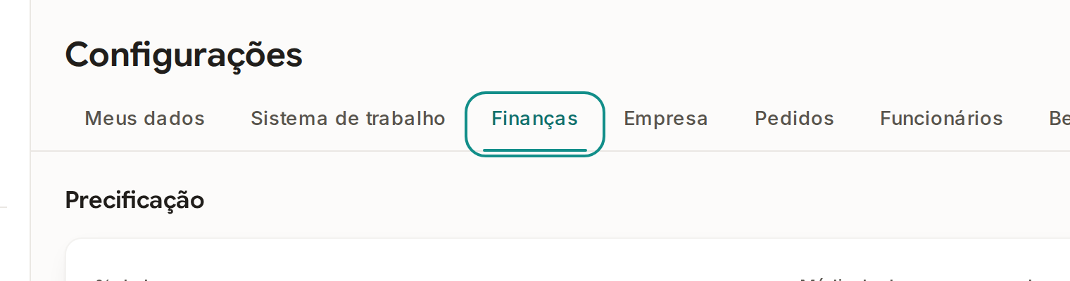 Tela do Calcularte com o elemento deste passo em destaque, em /configuracoes?aba=financas