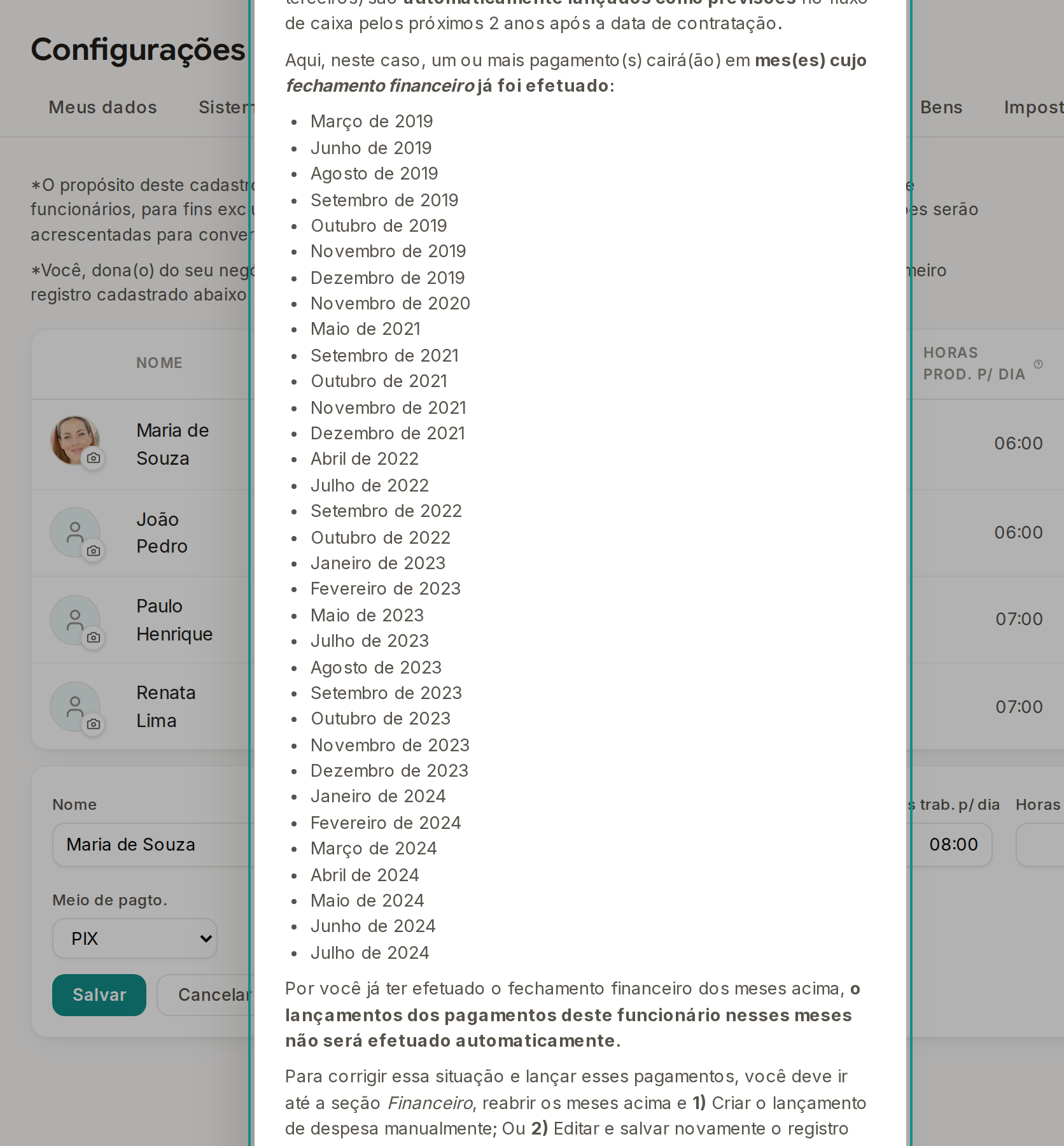 Tela do Calcularte com o elemento deste passo em destaque, em /configuracoes?aba=funcionarios