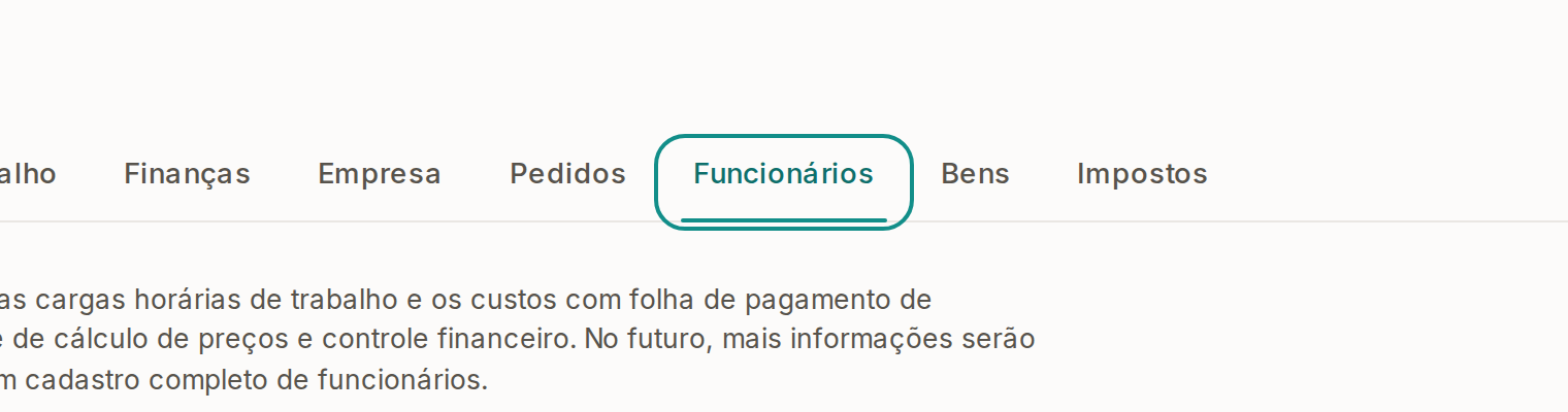 Tela do Calcularte com o elemento deste passo em destaque, em /configuracoes?aba=funcionarios