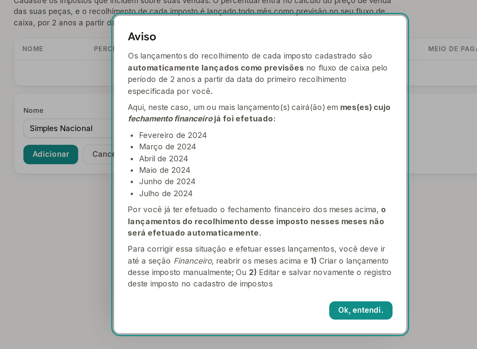 Tela do Calcularte com o elemento deste passo em destaque, em /configuracoes?aba=impostos