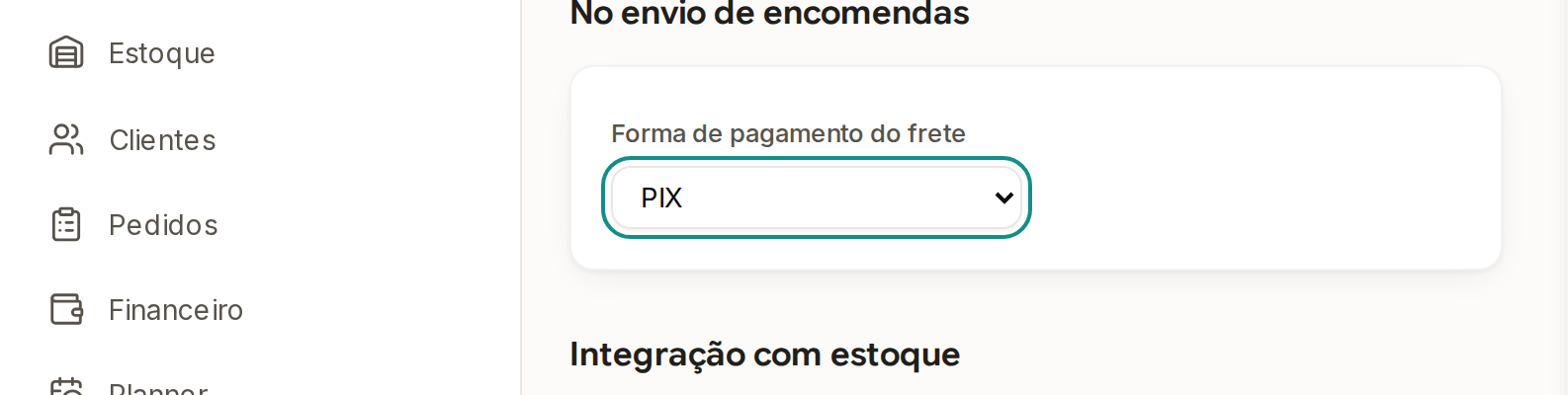 Tela do Calcularte com o elemento deste passo em destaque, em /configuracoes?aba=pedidos