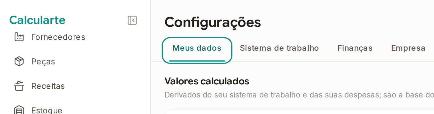 Tela do Calcularte com o elemento deste passo em destaque, em /configuracoes