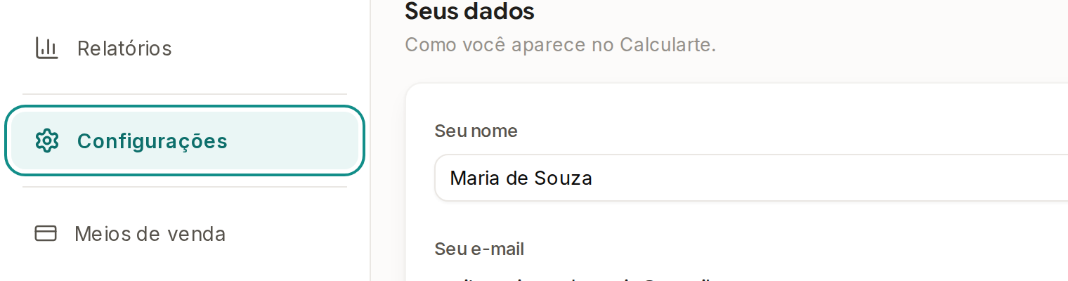 Tela do Calcularte com o elemento deste passo em destaque, em /configuracoes