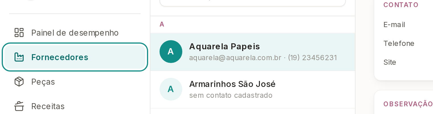 Tela do Calcularte com o elemento deste passo em destaque, em /fornecedores