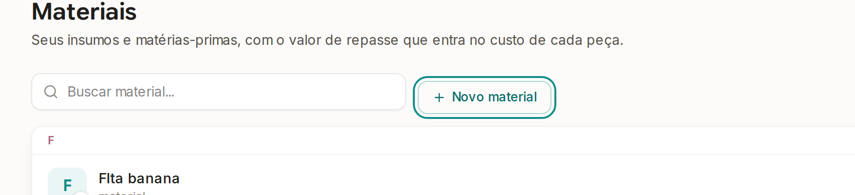 Tela do Calcularte com o elemento deste passo em destaque, em /materiais