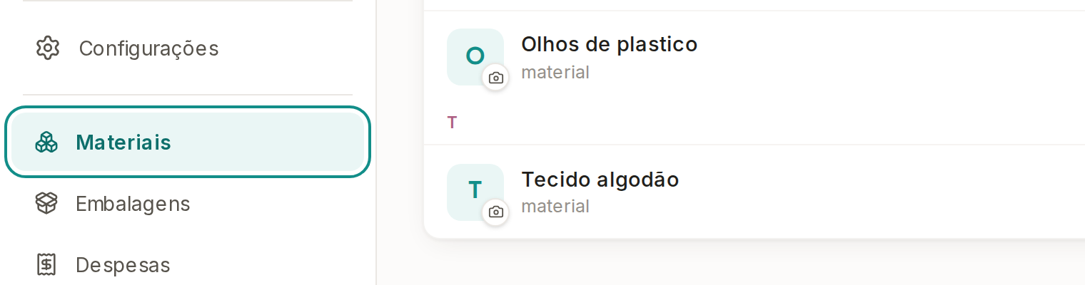Tela do Calcularte com o elemento deste passo em destaque, em /materiais
