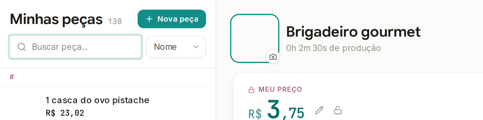 Tela do Calcularte com o elemento deste passo em destaque, em /pecas