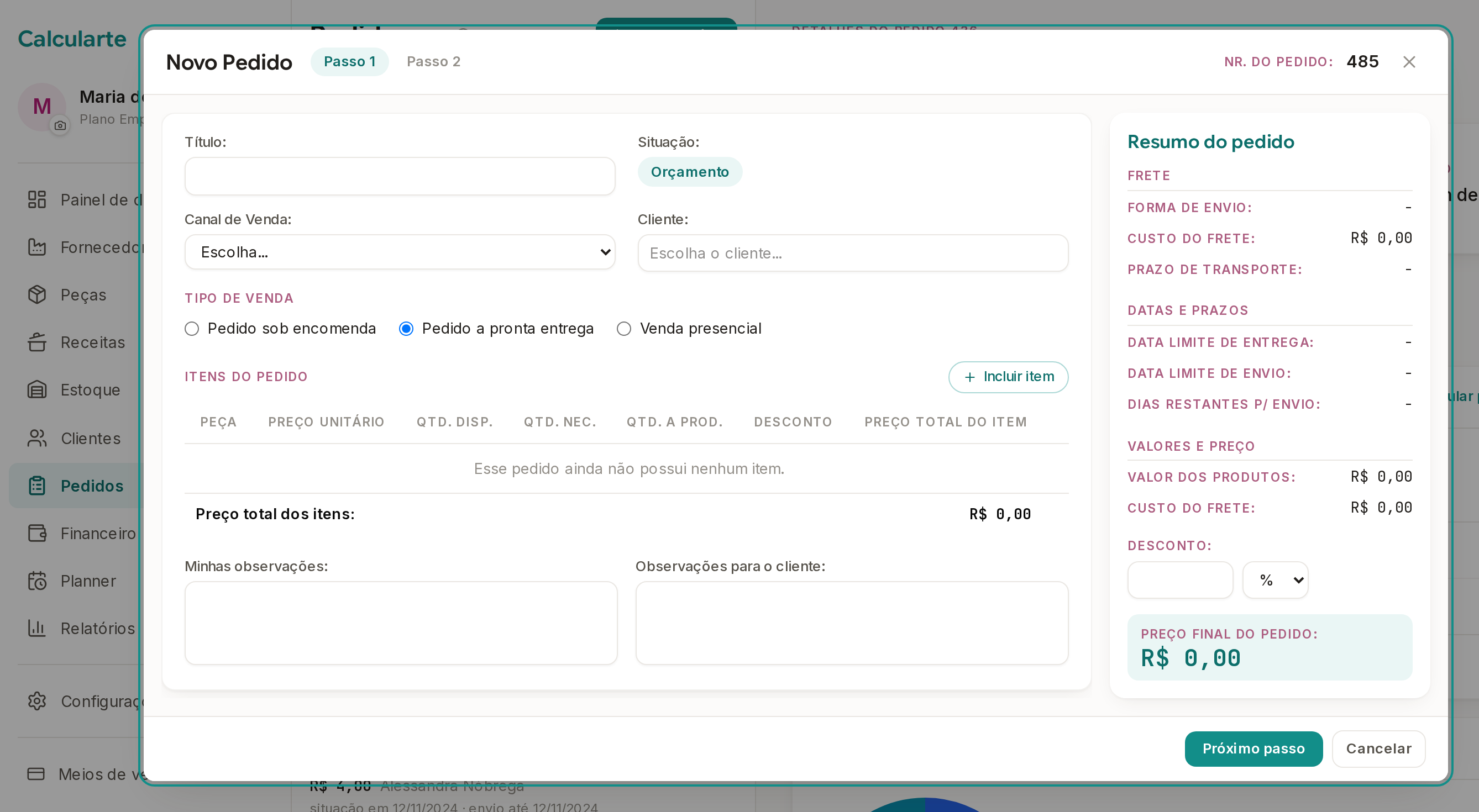 Tela do Calcularte com o elemento deste passo em destaque, em /pedidos