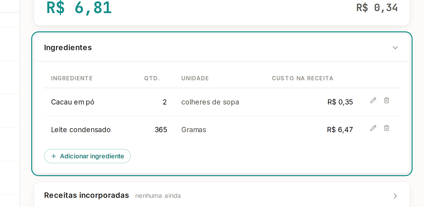 Tela do Calcularte com o elemento deste passo em destaque, em /receitas
