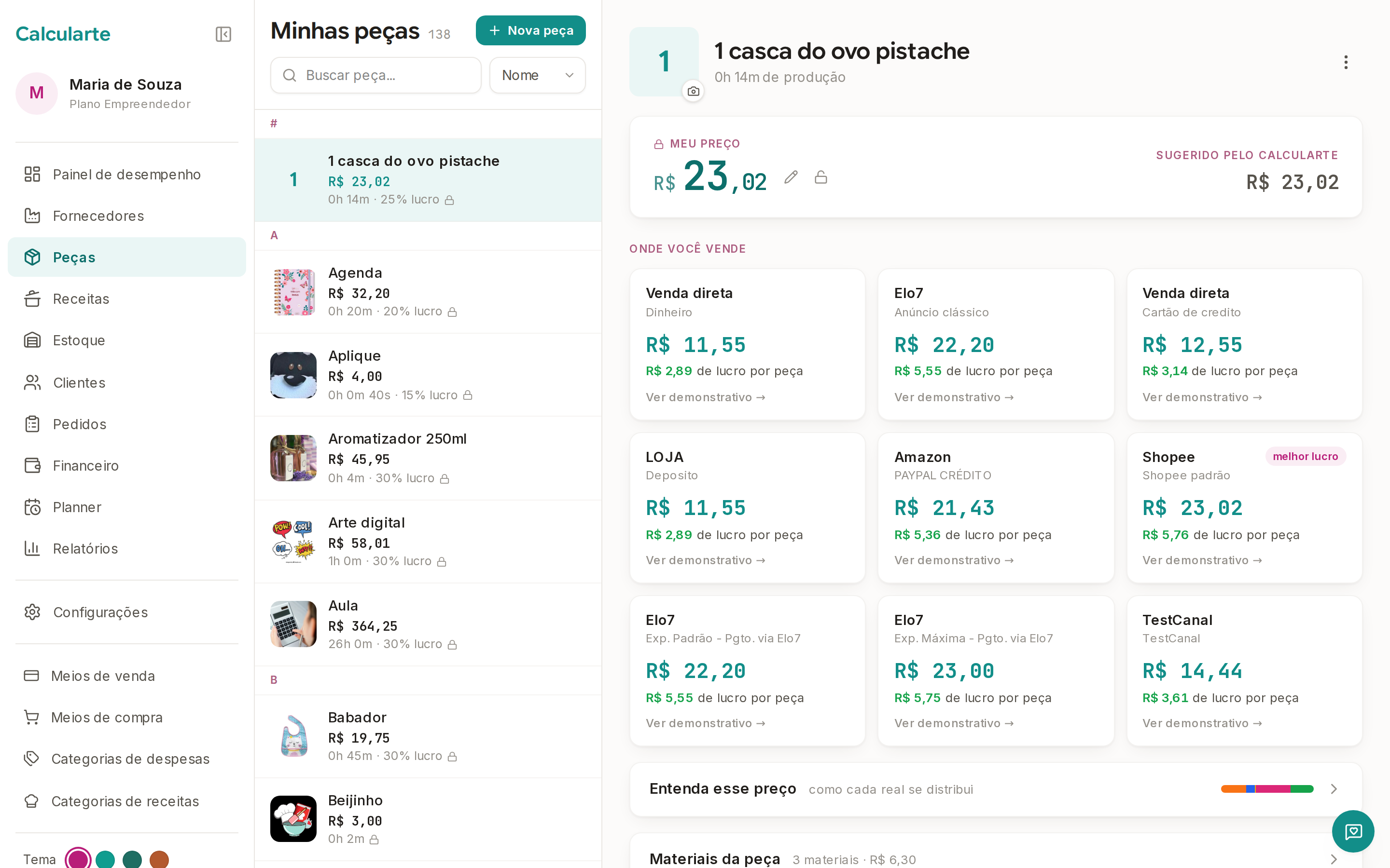 Tela do Calcularte: Precificação
