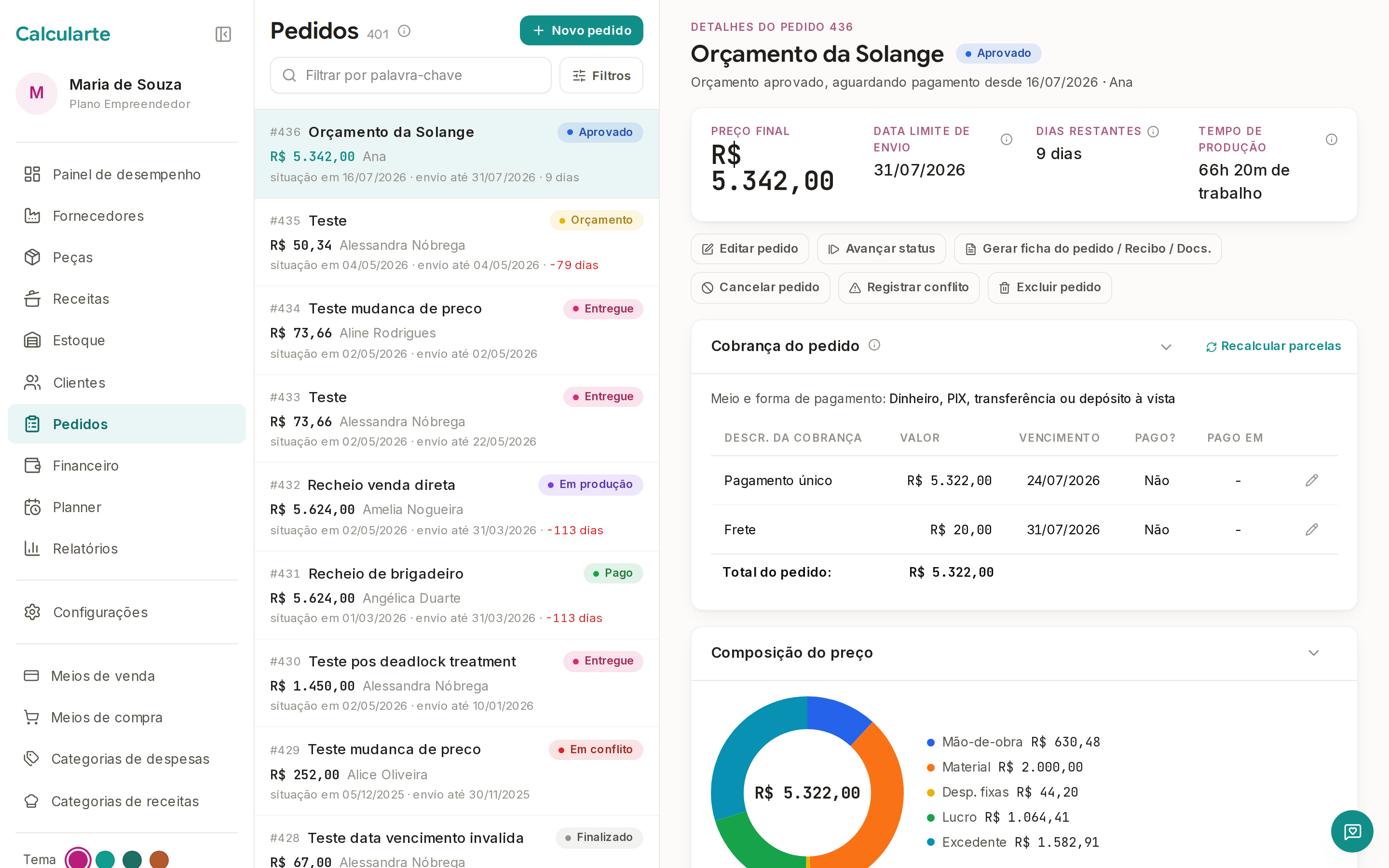 Tela do Calcularte: Pedidos e orçamentos