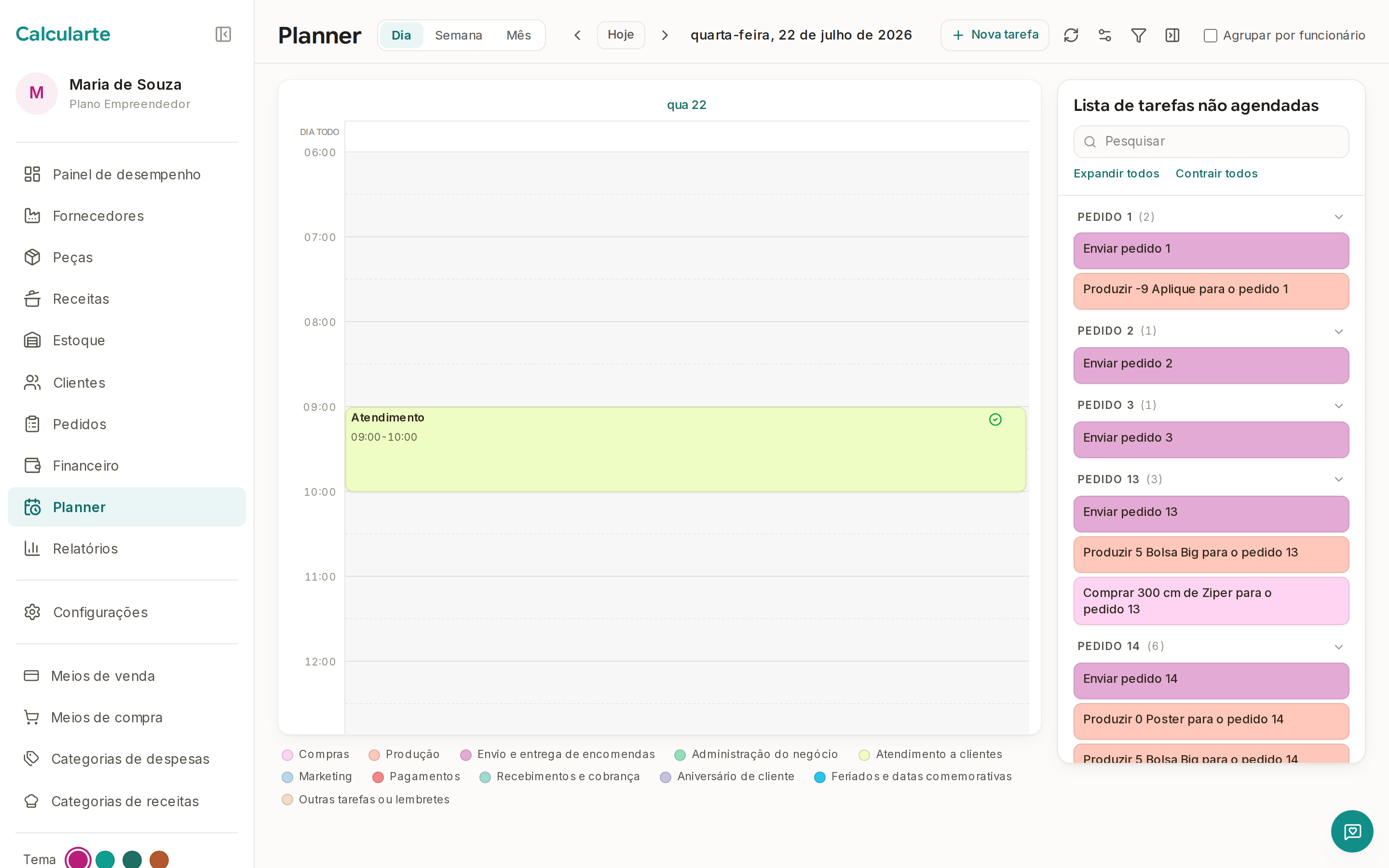 Tela do Calcularte: Planner de produção